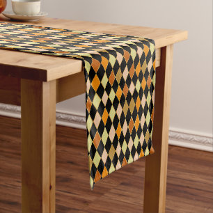 Festive Retro Orange Black Diamond Pattern Short Table Runner