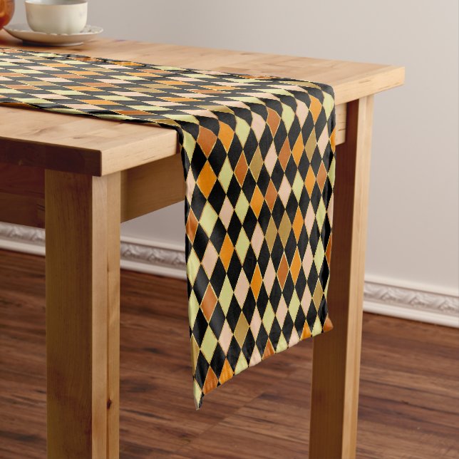 Festive Retro Orange Black Diamond Pattern Short Table Runner (In Situ)