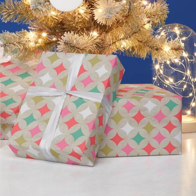 Festive Retro Pastel Pink Green Diamond Pattern Wrapping Paper (Holidays)