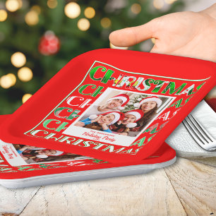 Festive Retro Red Christmas Family Photo Paper Plates