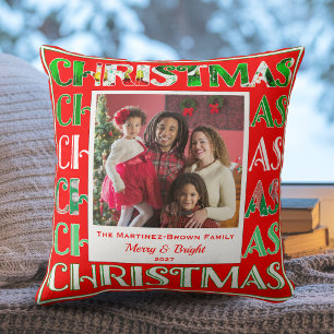 Festive Retro Red Christmas Family Photo Throw Pillow
