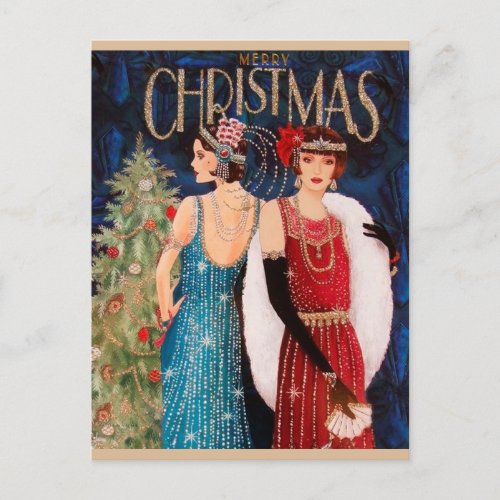 Festive retro vintage Christmas art deco Holiday Postcard