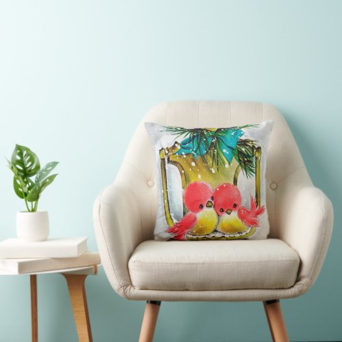 festive retro vintage Christmas birds Throw Pillow