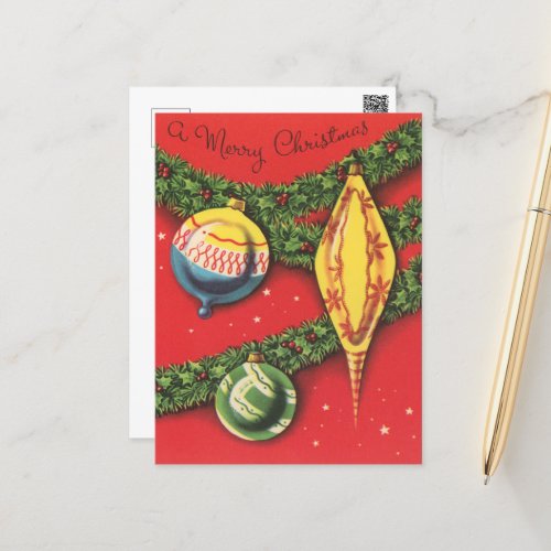 festive retro vintage Christmas bulbs Holiday Postcard