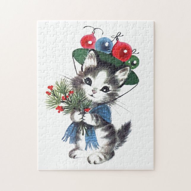 festive retro vintage Christmas cat Holiday Jigsaw Puzzle (Vertical)