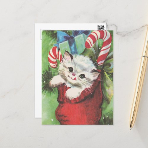festive retro vintage Christmas cat Postcard