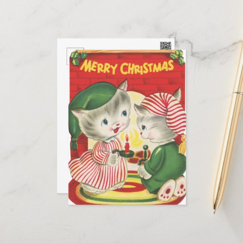 festive retro vintage Christmas cats Holiday Postcard