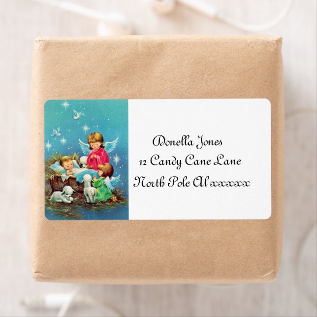 Festive retro vintage Christmas Holiday Angels Label (Insitu)