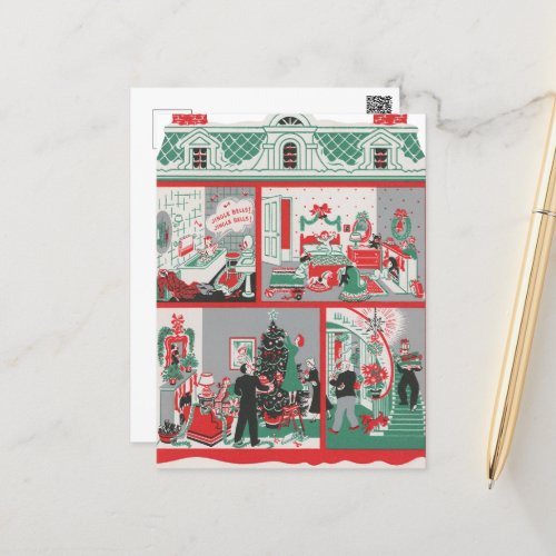 festive retro vintage Christmas house Holiday Postcard