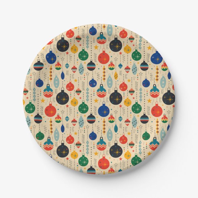 Festive Retro Vintage Christmas Ornaments  Paper Plates (Front)