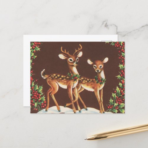 festive retro vintage Christmas reindeer Postcard