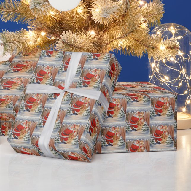 festive retro vintage Christmas Santa reindeer  Wrapping Paper (Holidays)