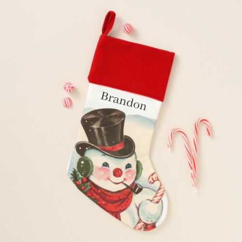 festive retro vintage Christmas snowman add name Christmas Stocking