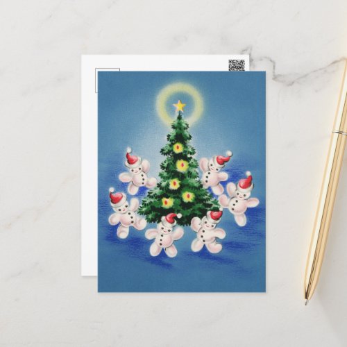 festive retro vintage Christmas snowman tree Holiday Postcard