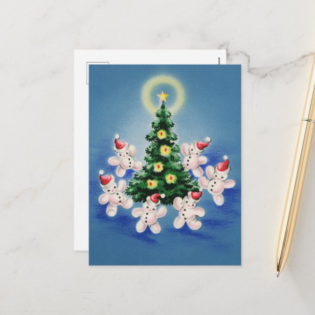 festive retro vintage Christmas snowman tree Holiday Postcard (Front/Back In Situ)