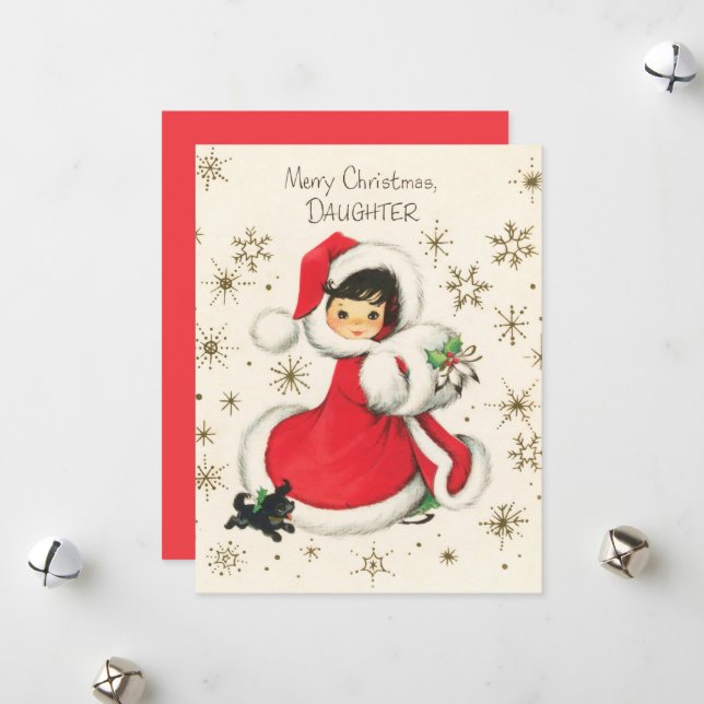 festive retro vintage girl Christmas  Holiday Card (Front/Back In Situ)
