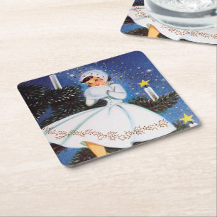festive retro vintage lady Christmas party Square Paper Coaster