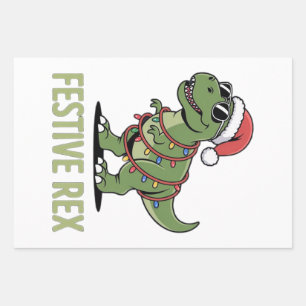 Festive Rex Dinosaur Holiday Cheer Wrapping Paper Sheets