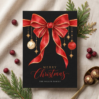 Festive Ribbon Bow Black and Red Christmas Wishes Holiday Card