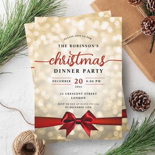 Festive Ribbon Gold Lights Christmas Party  Invitation (Festive Ribbon Gold Lights Christmas Party Invitation)