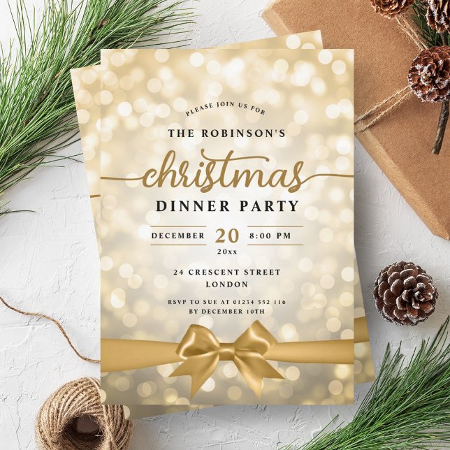 Festive Ribbon Gold Lights Christmas Party  Invitation (Festive Ribbon Gold Lights Christmas Party Invitation)