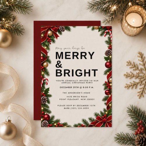 Festive Ribbon Merry and Bright Christmas Party  Invitation