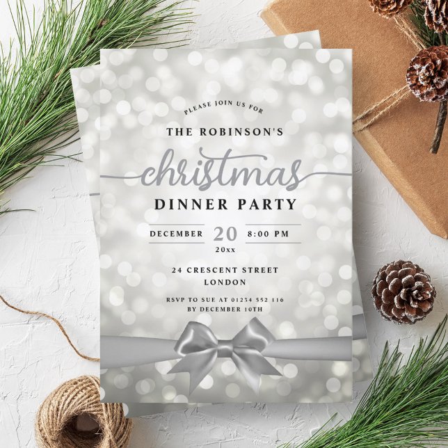 Festive Ribbon Silver Lights Christmas Party  Invitation (Festive Ribbon Silver Lights Christmas Party Invitation)