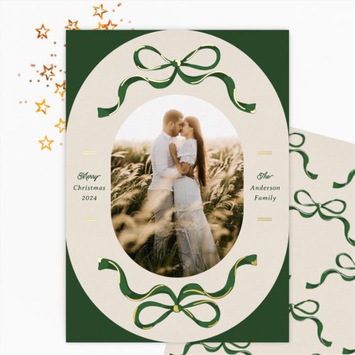 Festive Ribbons  Bows Green Real Gold Oval Photo Foil Holiday Card