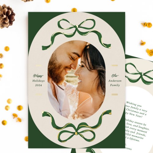 Festive Ribbons  Bows Green Real Gold Oval Photo Foil Holiday Card