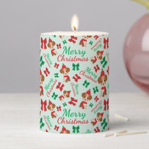 Festive Ribbons Cute Dogs Christmas Light Green Pillar Candle