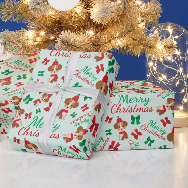 Festive Ribbons Cute Dogs Christmas Light Green Wrapping Paper (Holidays)
