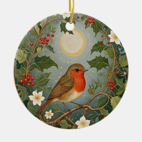 Festive Robin and Holly Ceramic Ornament