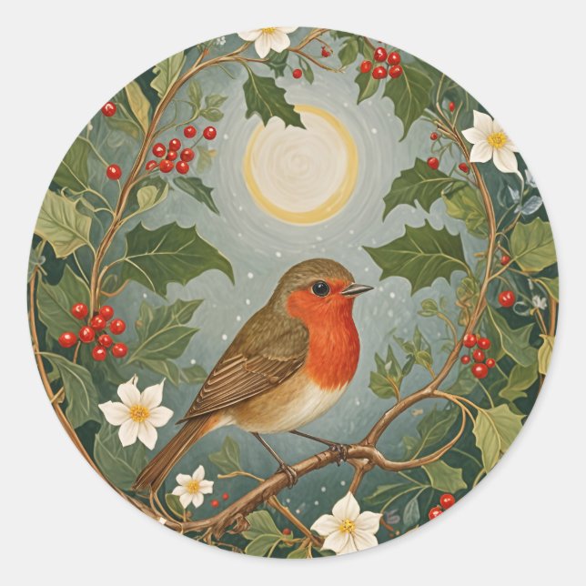 Festive Robin and Holly Classic Round Sticker (Front)