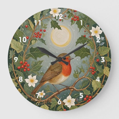 Festive Robin and Holly Large Clock