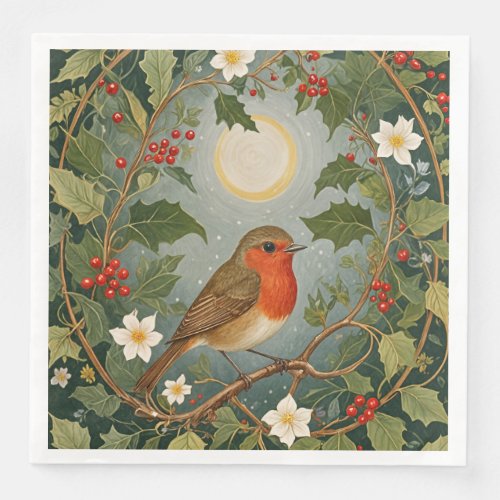 Festive Robin and Holly Paper Dinner Napkins