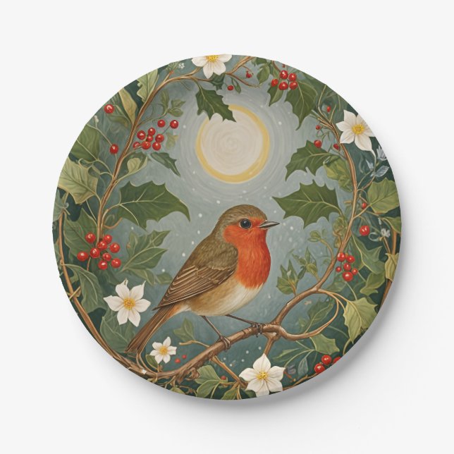 Festive Robin and Holly Paper Plates (Front)