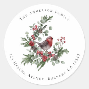 Festive Robin Christmas Floral Return Address Classic Round Sticker