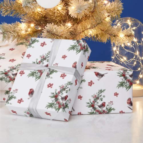 Festive Robin Christmas Floral Wreath Wrapping Paper