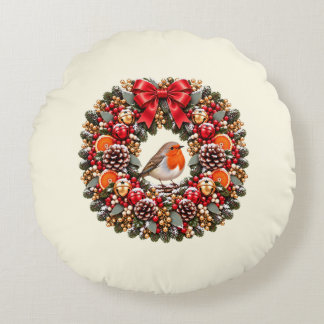 Festive Robin Christmas Wreath Jingle Bells Round Pillow