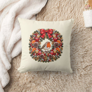 Festive Robin Christmas Wreath Jingle Bells Throw Pillow