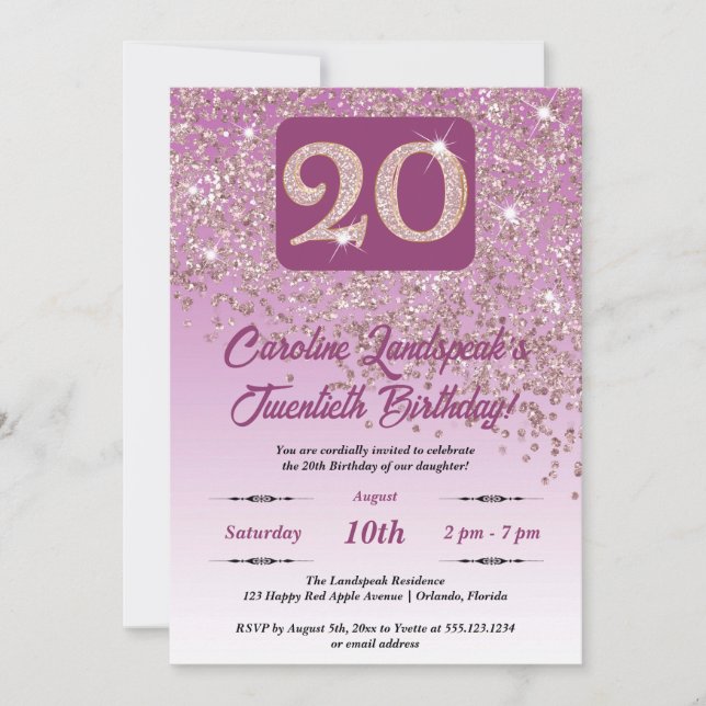 Festive Rose Gold Glitter 20th Birthday Invitation (Front)