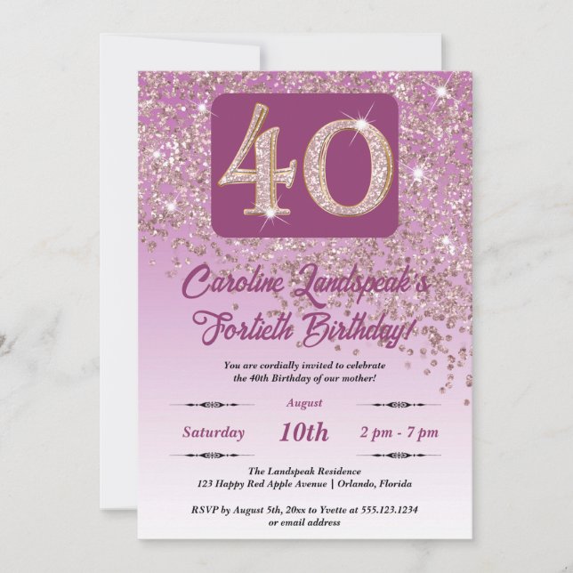 Festive Rose Gold Glitter 40th Birthday Invitation (Front)