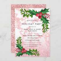 Festive Rose Gold Marble Glitter Holiday Party Invitation