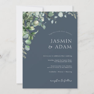 Festive Royal Blue Opulence Eucalyptus Wedding Invitation