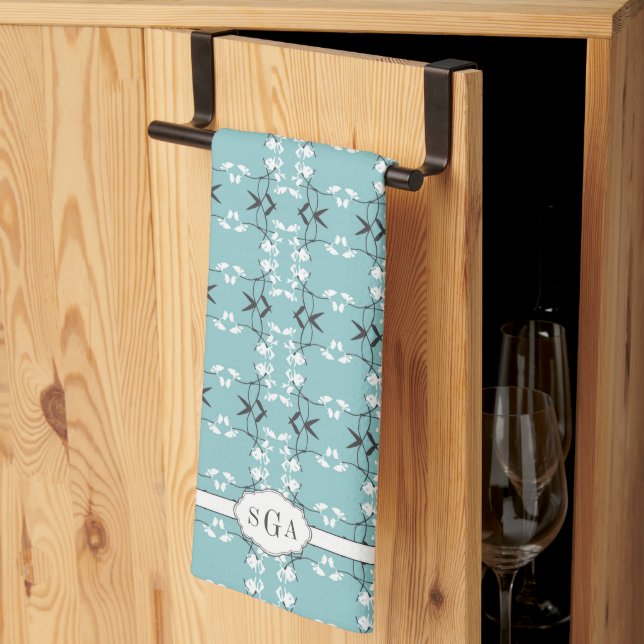 Festive Royal Botanical Monogram Robin's Egg Blue Kitchen Towel (Thirds Fold)