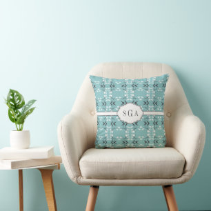 Festive Royal Botanical Robin's Egg Blue Monogram Throw Pillow