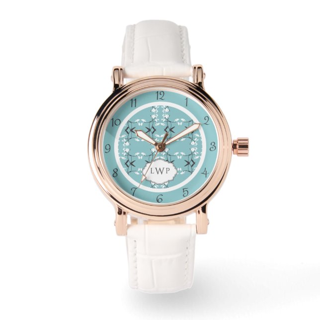 Festive Royal Botanical Robin's Egg Blue Monogram Watch (Front)