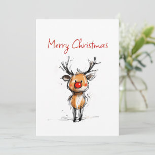 Festive Rudolph Reindeer Sketch Merry Christmas Holiday Card