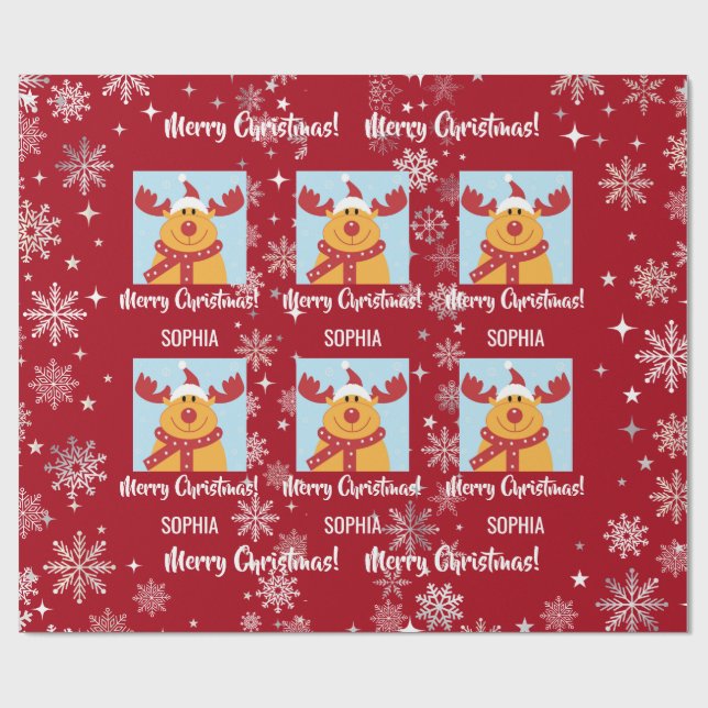 Festive Rudolph Reindeer Snow Personalized Xmas Wrapping Paper (Flat)