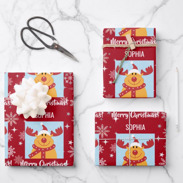 Festive Rudolph Reindeer Snow Personalized Xmas Wrapping Paper Sheets (Front)